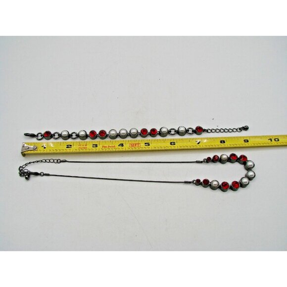 Blackened Silver Necklace and Bracelet Set Faux Pearls Red Rhinestones Jewelry - Picture 8 of 10